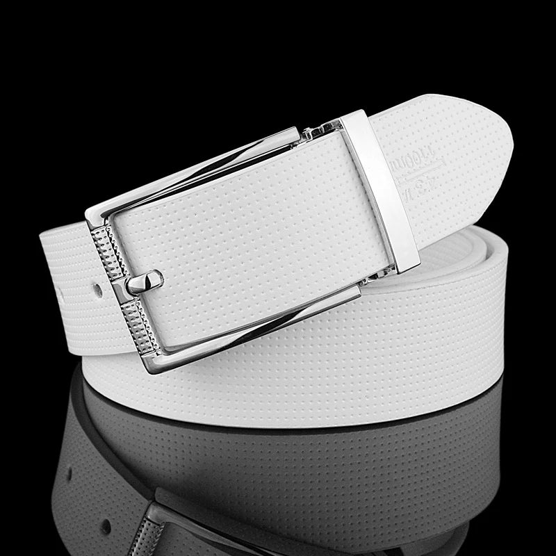 Ceintures de styliste décontractées à boucle ardillon pour hommes, en cuir véritable, 3.3cm de large, marque célèbre de luxe, jeans pour étudiants, cintos masculinos blancs B78