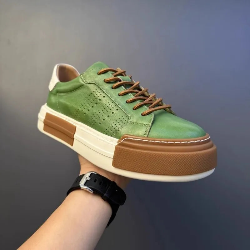 Hommes chaussures en cuir véritable à lacets couleurs mélangées plate-forme chaussures Hip Hop respirant espadrilles décontractées hommes bout rond chaussures d'entraînement