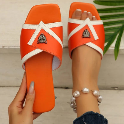 Pantoufles plates antidérapantes confortables et polyvalentes pour femmes, bout carré, bout ouvert, semelle souple, bloc de couleur, tongs simples et respirantes