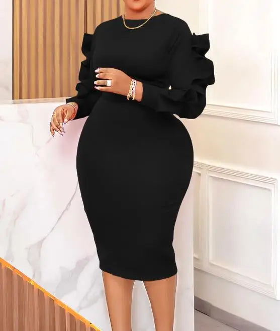 Robe pour femmes, mode automne 2023, tempérament de fête, élégante, bureau, manches longues, col rond, robes portefeuilles