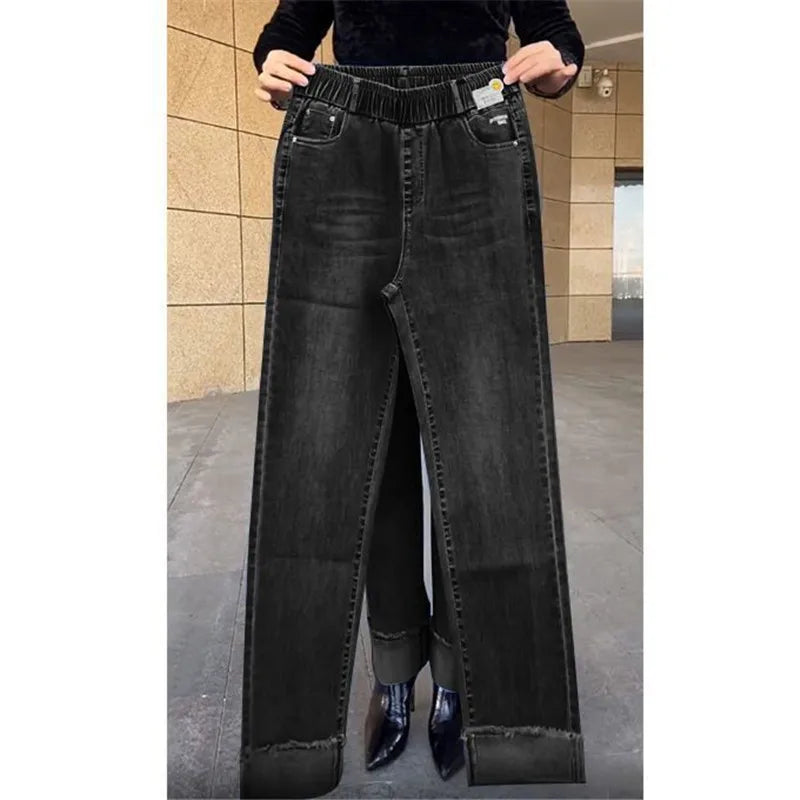 Jean femme d'âge moyen printemps automne taille extensible pantalon en Denim droit grande taille ample taille haute décontractée noir bleu pantalon