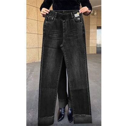 Jean femme d'âge moyen printemps automne taille extensible pantalon en Denim droit grande taille ample taille haute décontractée noir bleu pantalon