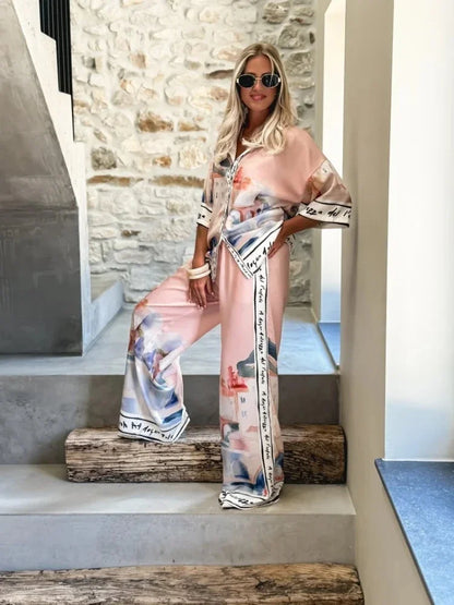 2 pièces ensemble pour femme été nouveau élégant imprimé demi manches chemise hauts costumes à la mode décontracté ample jambe large pantalons ensembles