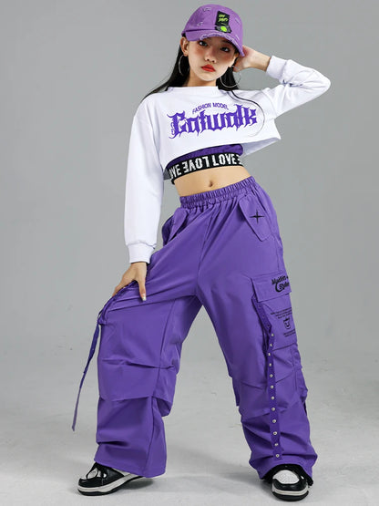 Haut court K-pop pour filles, pantalons cargo, cardigan de danse de rue pour enfants, olympiques streetwear pour enfants, ensembles de vêtements de groupe de filles Jazz