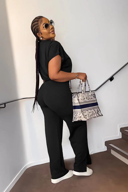 Femmes décontracté col rond cordon à manches courtes haut et taille haute pantalon ensemble été solide deux pièces costume ensembles tenues ensemble femme