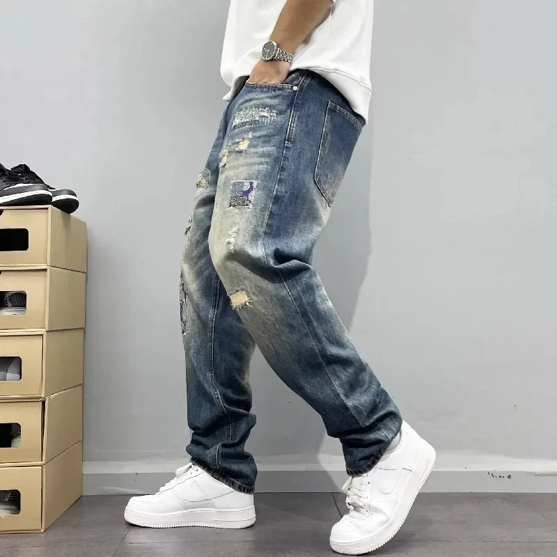 Jean Baggy Vintage en détresse Patchwork jean homme droit ample haute rue Hip-hop pantalons longs vêtements pour hommes jean pour homme