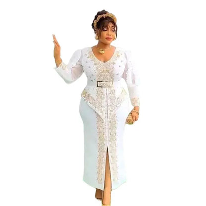Robe longue africaine à col en v, ornée de strass, manches en maille à bulles, ajustée à la taille, fente latérale, offre spéciale