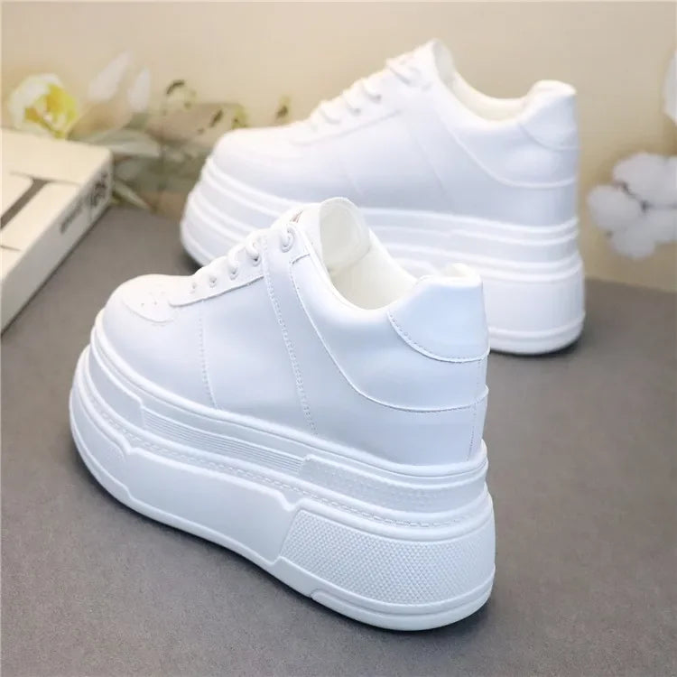 Baskets épaisses en cuir véritable pour femmes, talons hauts cachés blancs, chaussures à plateforme compensée, printemps, automne, été, 10cm, 12cm