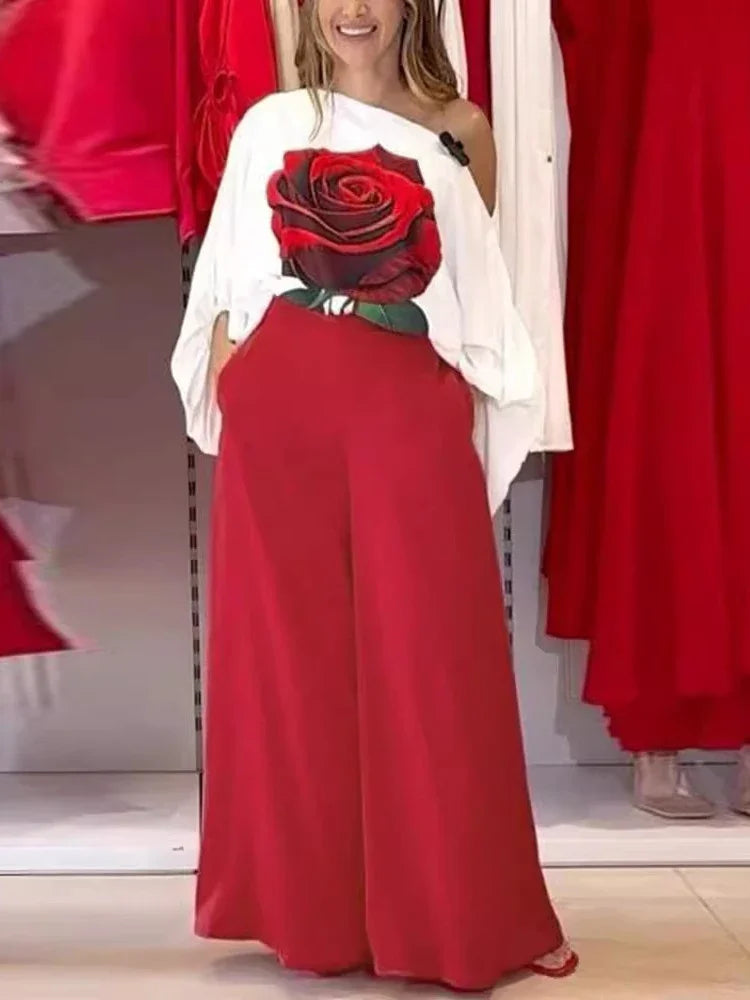 Ensemble deux pièces décontracté pour femmes, vêtements d'été pour femmes, T-shirt à manches lanternes et col incliné imprimé Rose, haut et pantalon à jambes larges, 2025