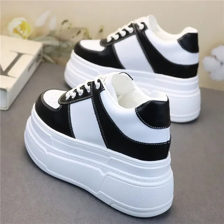 Baskets épaisses en cuir véritable pour femmes, talons hauts cachés blancs, chaussures à plateforme compensée, printemps, automne, été, 10cm, 12cm