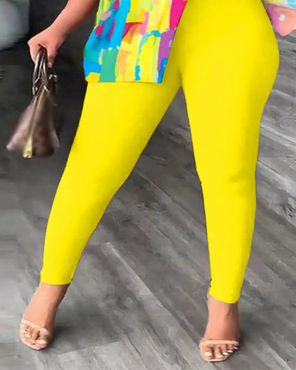 Ensemble deux pièces élégant pour femmes, nouvelle mode, imprimé, manches à volants, haut, pantalon de couleur unie, avec ceinture, chemisiers, vêtements féminins