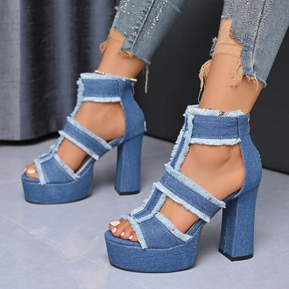 Sandales Peep Parker à talons hauts pour femmes, chaussures à plateforme, sangle de rinçage en denim bleu, mode extérieure sexy, été, nouveau