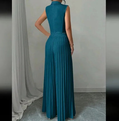 Costume de bureau pour femmes, couleur unie, décontracté, Slim, boutons, ensemble deux pièces, col rabattu, sans manches, Blazer et pantalon plissé, tenues