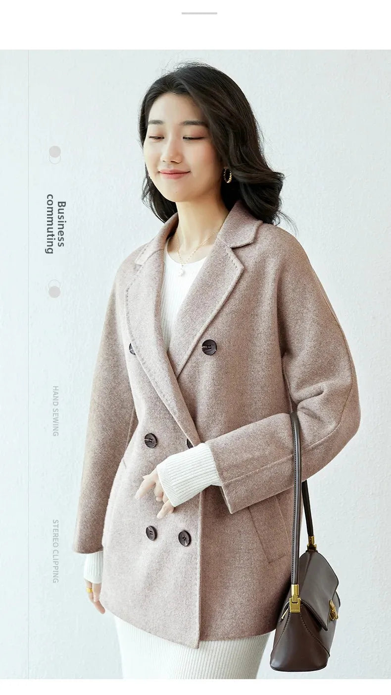 Manteau en laine Double face pour femme, épais, mi-long, col de costume, coupe ample, couleur Pure, polyvalent, nouveau Style automne hiver