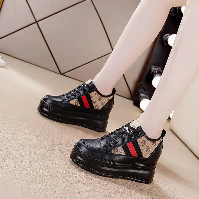 9cm femmes chaussures grosses baskets Air maille évider en cuir véritable blanc chaussures compensées plate-forme talon pompes Mujer Bombas