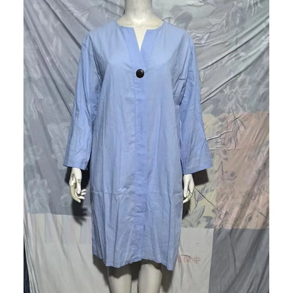 Robe pull décontractée à manches longues pour femmes, robe maxi boutonnée, col en V, fente latérale double, coton et lin, document solide, nouveau, 2024