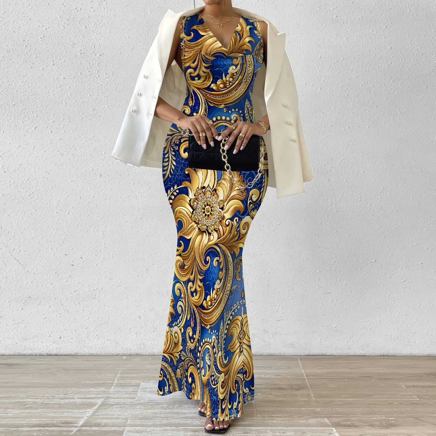 Robe longue moulante à imprimé baroque XS-2XL – Robe bleue et dorée élégante pour tenue de soirée, événements formels et gala