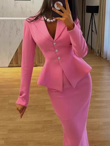 Ensemble 2 pièces pour femmes, blazer péplum rose, jupe ajustée avec détails de boutons, parfait pour les réunions de bureau ou les événements d'affaires