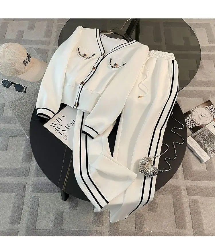 Printemps et automne haut de gamme sport décontracté ensemble femmes Western col en v haut pantalon à jambes larges deux pièces Setj Uicy Corture survêtement