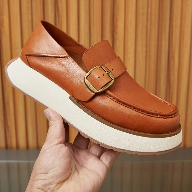 Mocassins britanniques en cuir de cheval haut de gamme pour hommes, baskets respirantes et décontractées, tendance, chaussures de tableau blanc à fond épais