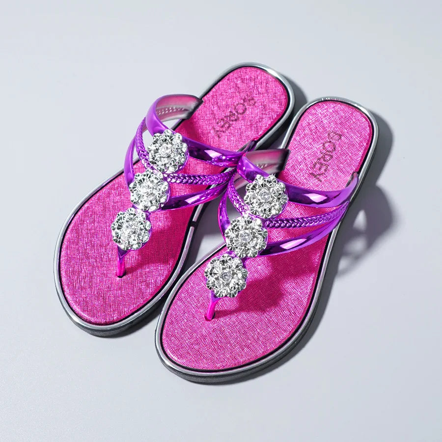 "Sandales tongs pour femmes avec strass, diapositives décontractées de plage pour vêtements d'extérieur, semelles plates et pantoufles d'été"