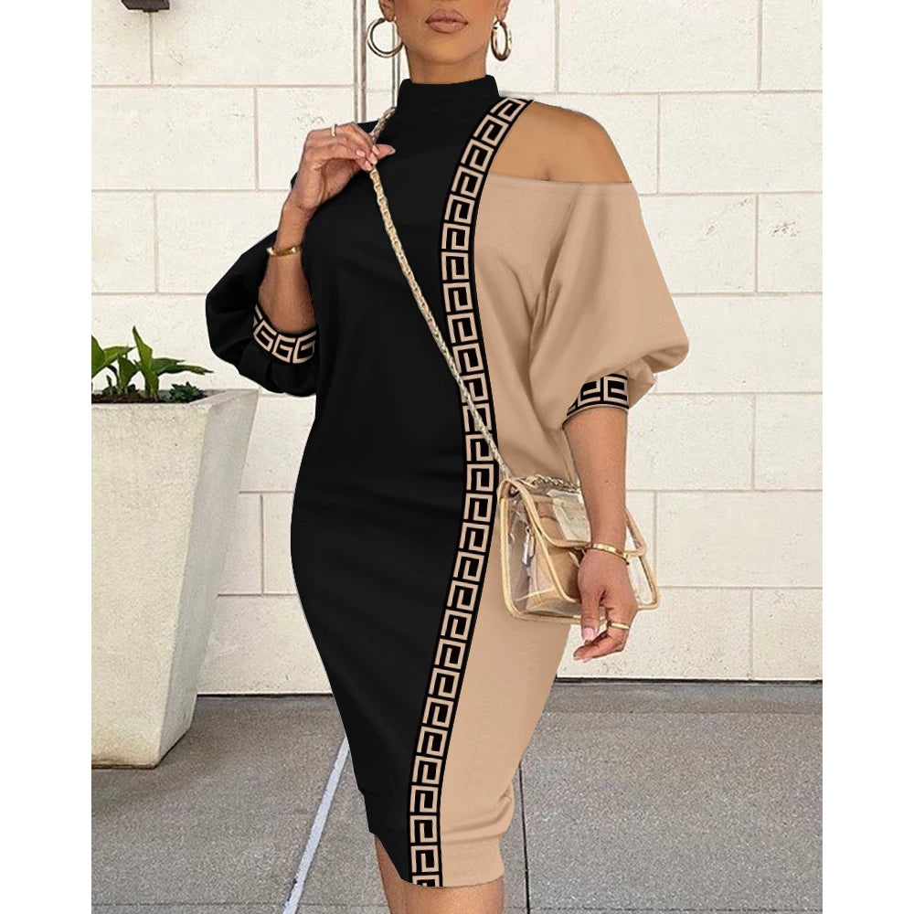 Robe mi-longue découpée à demi-manches lanterne pour femmes, vêtements féminins, col rabattu, initié au froid sexy, été, 2025