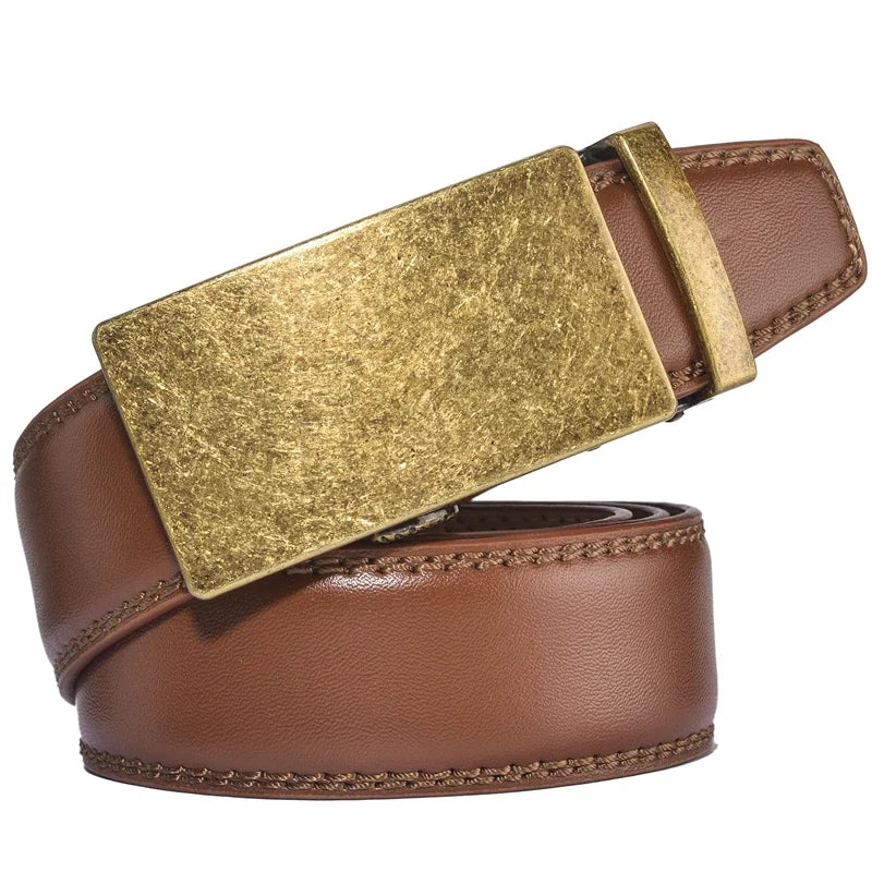 Plyesxale Ceinture en cuir marron hommes 2024 boucle automatique hommes Ceinture pour jean Style Vintage hommes ceintures de luxe Ceinture Homme B9