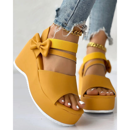 Peep Parker-Sandales à l'offre elles compensées avec nœud papillon pour femmes, sandales en daim, style coréen, printemps, automne, été, 03/Casual, 2024