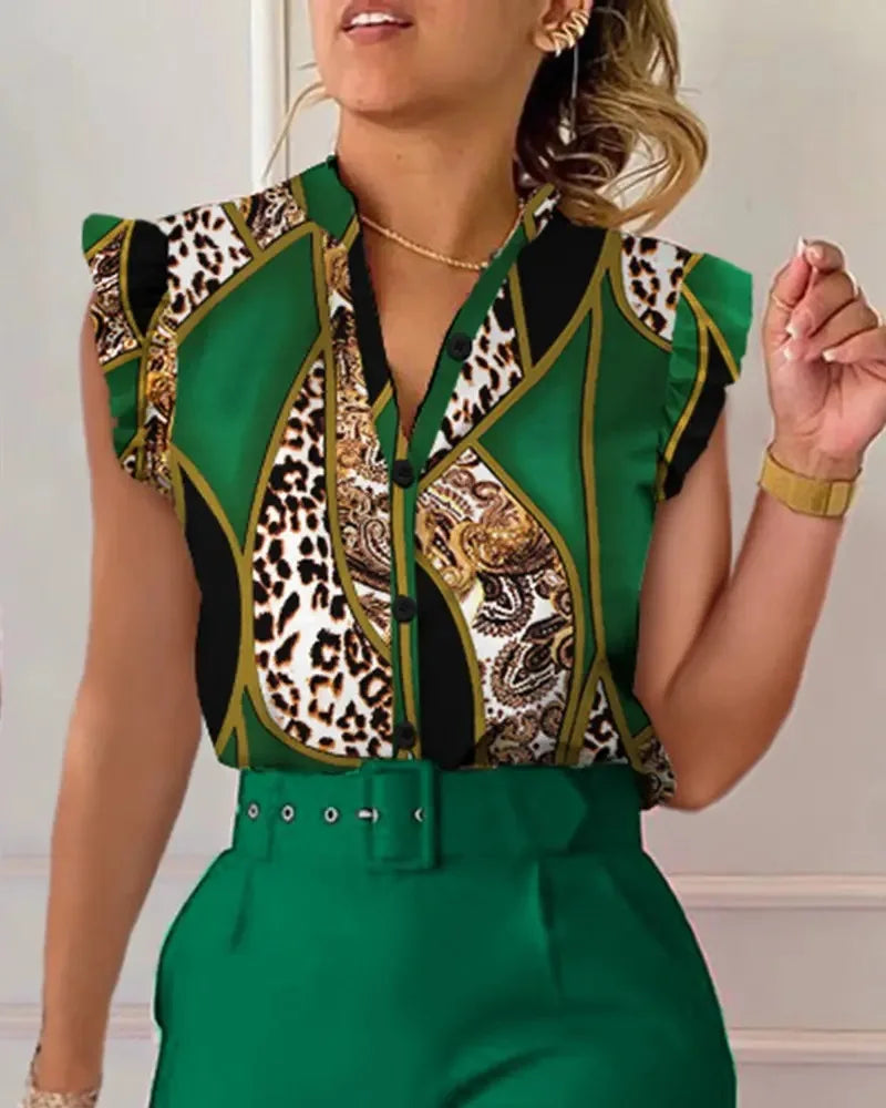 Ensemble deux pièces pour femmes, imprimé floral, manches feuille de Lotus, pantalon taille haute, ceinture, col en v, costume de travail, été