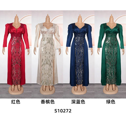 Robe de soirée à paillettes pour femmes, grande taille, col en v, dos nu, S10272