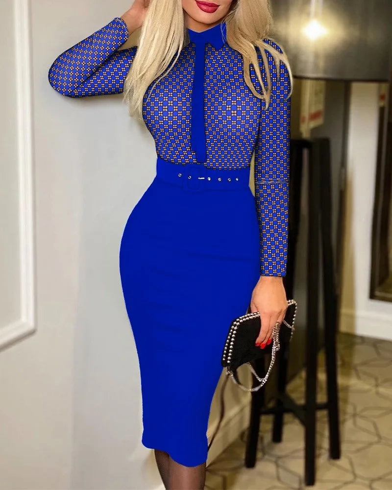 Robes moulantes élégantes à pois pour femmes, coupe en V, manches longues, taille haute, ceinture, bureau, robe de soirée à la mode