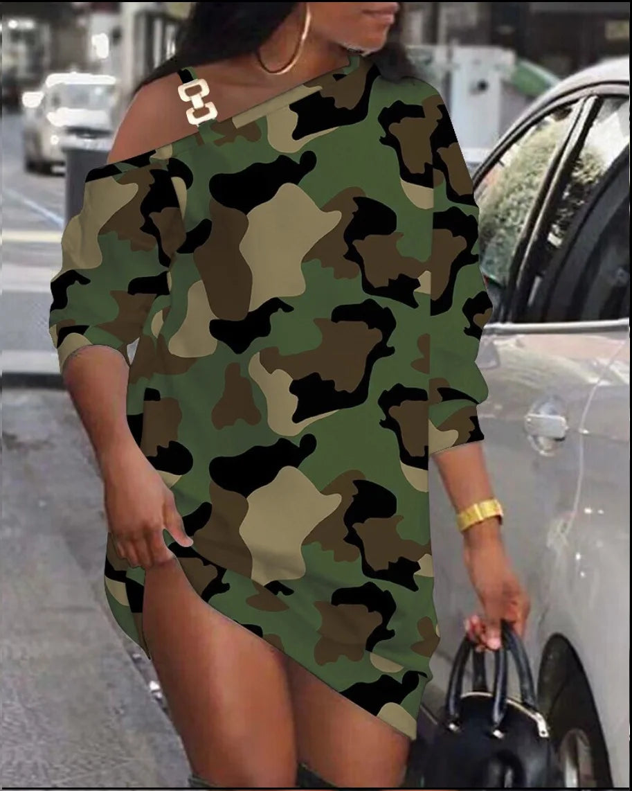 Mini robe imprimée décontractée pour femmes, mode, coupe ample, col diagonale ajouré, manches longues, robes de soirée courtes, Club, automne