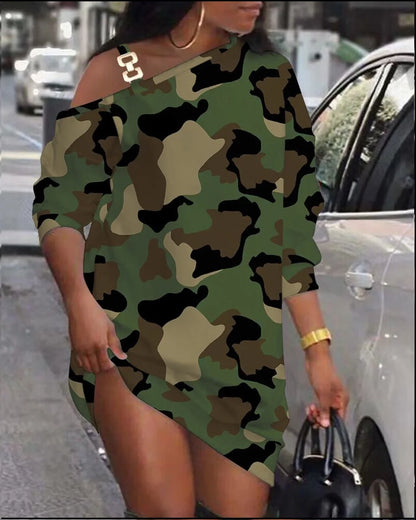 Mini robe imprimée décontractée pour femmes, mode, coupe ample, col diagonale ajouré, manches longues, robes de soirée courtes, Club, automne