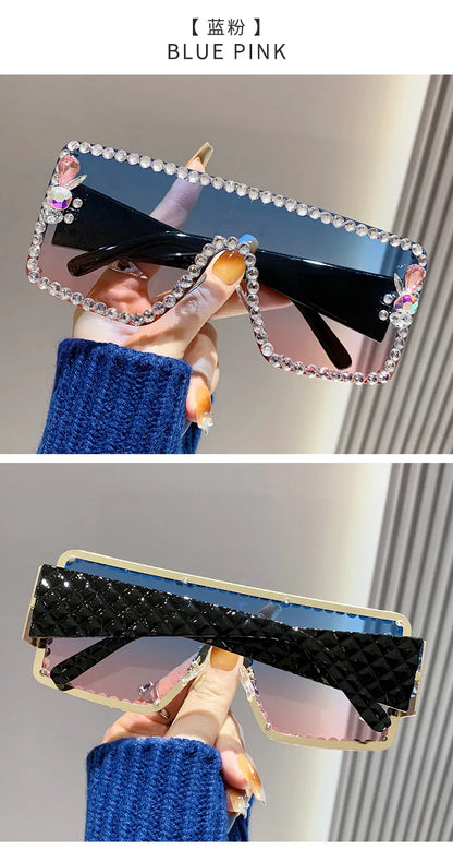 Lunettes de soleil une pièce pour femmes, grande monture rectangulaire incrustée de diamants, avec diamants d'eau