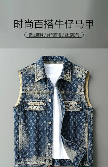 Gilet de moto en Denim pour hommes, rétro, tendance, printemps et automne, élégant, ample, Jacquard, sans manches, vêtements d'extérieur