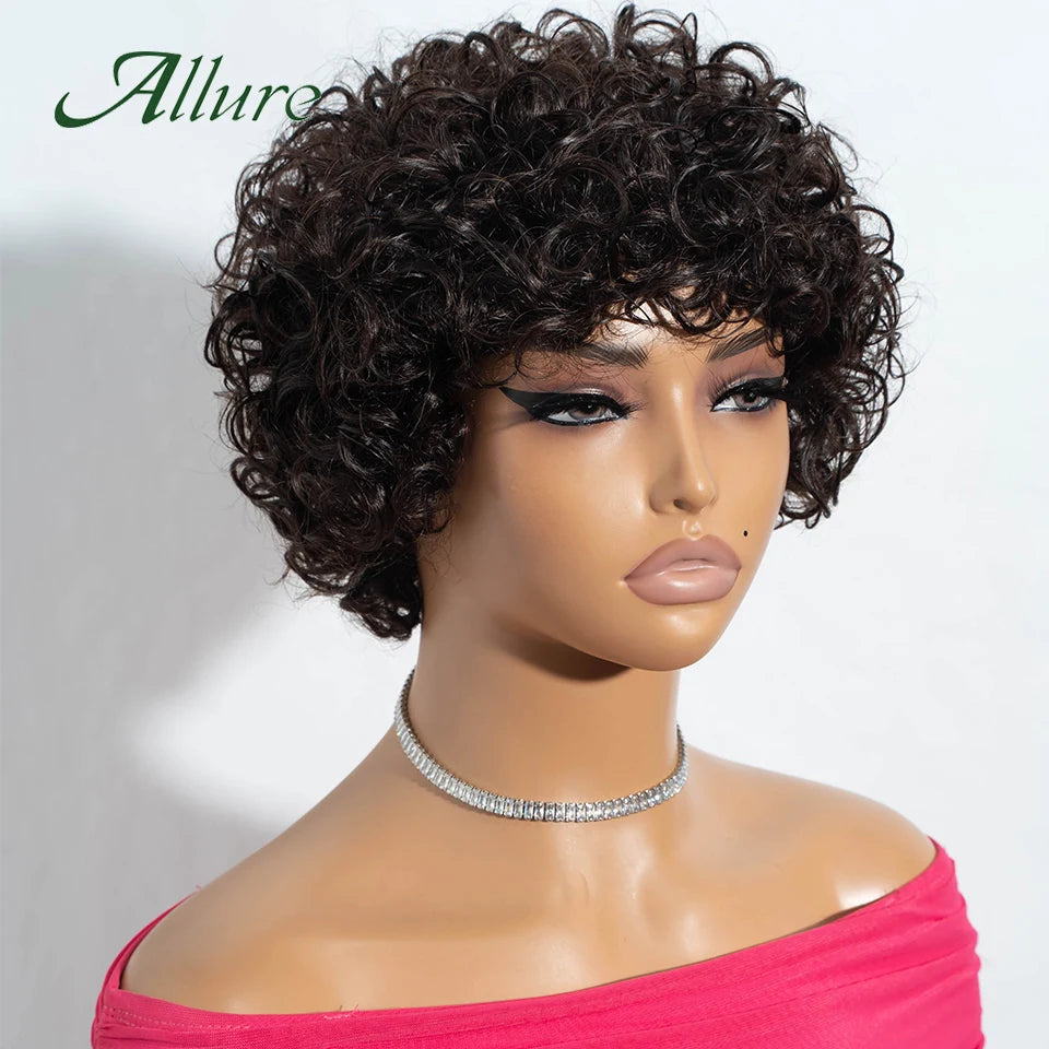 Jerry bouclés perruques de cheveux humains pour les femmes noires 10 pouces court Pixie Afro crépus bouclés perruque avec frange brun couleur cheveux perruques Allure