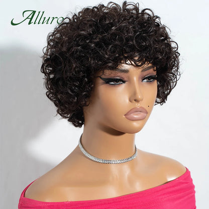 Jerry bouclés perruques de cheveux humains pour les femmes noires 10 pouces court Pixie Afro crépus bouclés perruque avec frange brun couleur cheveux perruques Allure