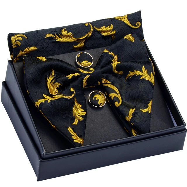 GUSLESON-Ensemble de boutons de manchette carrés à motif décoratif pour hommes, nœud papillon blanc noir, poche, boîte cadeau, cravate de la présidence de mariage