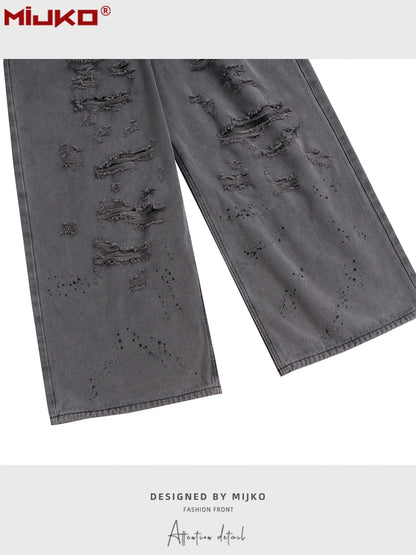 MIJKO jean Baggy délavé pour hommes Streetwear Hip Hop grand jean détruit pantalon en Denim droit