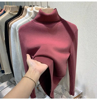 Pull épais à col haut pour femme, haut d'hiver chaud et doux, couleur unie, vêtements intérieurs, chemise à bascule, nouvelle collection 2025