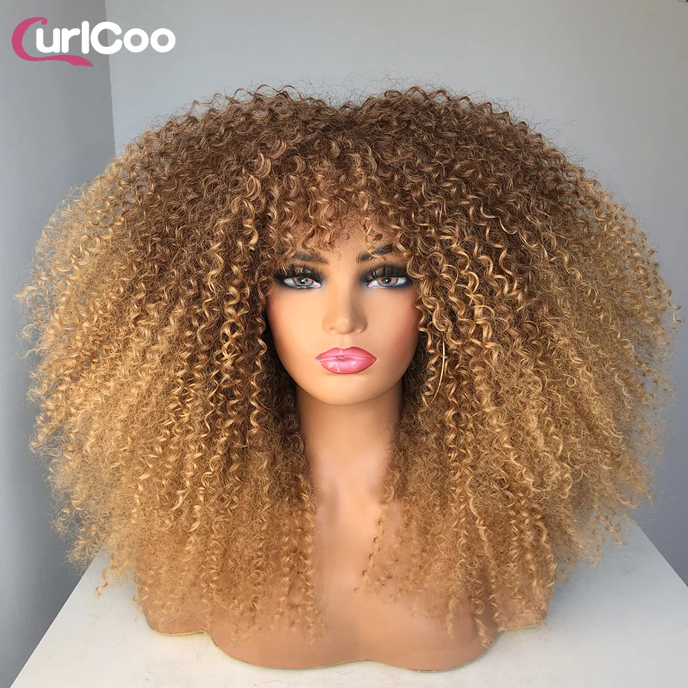 Perruque bouclée avec frange, perruque Afro bouclée pour femmes noires, perruque longue et moelleuse en Fiber synthétique pour fête quotidienne, Cosplay