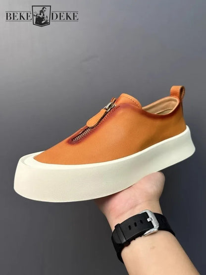 Mocassins à fermeture éclair pour hommes, cuir de vachette véritable, chaussures décontractées, baskets d'extérieur vintage, chaussures de skateboard, plate-forme optique, mode