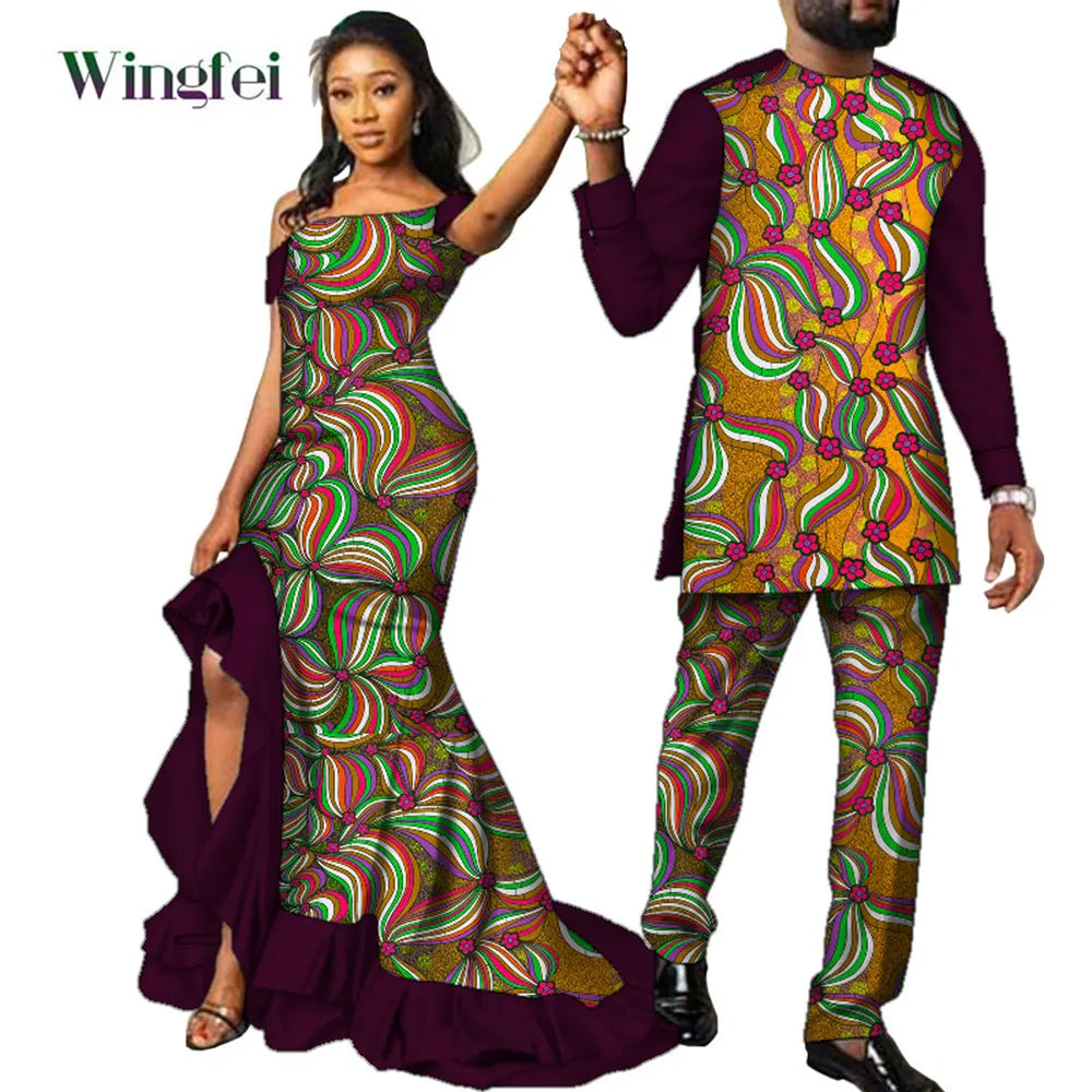 Vêtements de Couple Africains à Imprimé Ankara pour Femme et Homme, Robes sulfMaxi, Dashiki Imbibé, Tenue Amoureux, WYQ567
