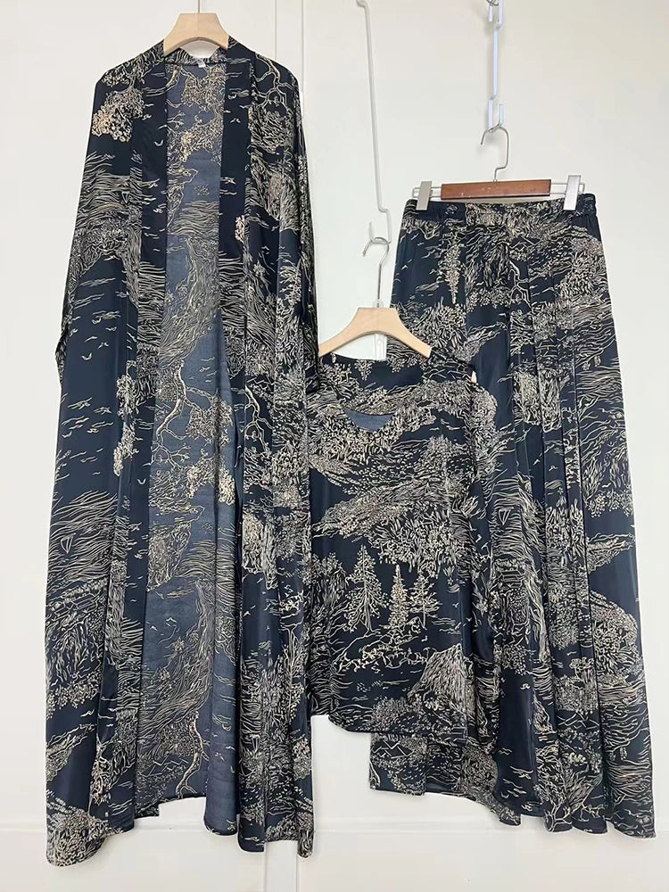 Cardigan long imprimé géométrique rétro, ensemble trois pièces, pull ample + jupe à jambes larges, costume à la mode pour femmes, été 2025