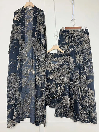 Cardigan long imprimé géométrique rétro, ensemble trois pièces, pull ample + jupe à jambes larges, costume à la mode pour femmes, été 2025