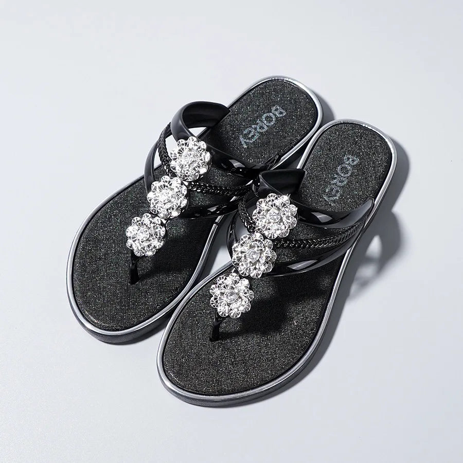 "Sandales tongs pour femmes avec strass, diapositives décontractées de plage pour vêtements d'extérieur, semelles plates et pantoufles d'été"