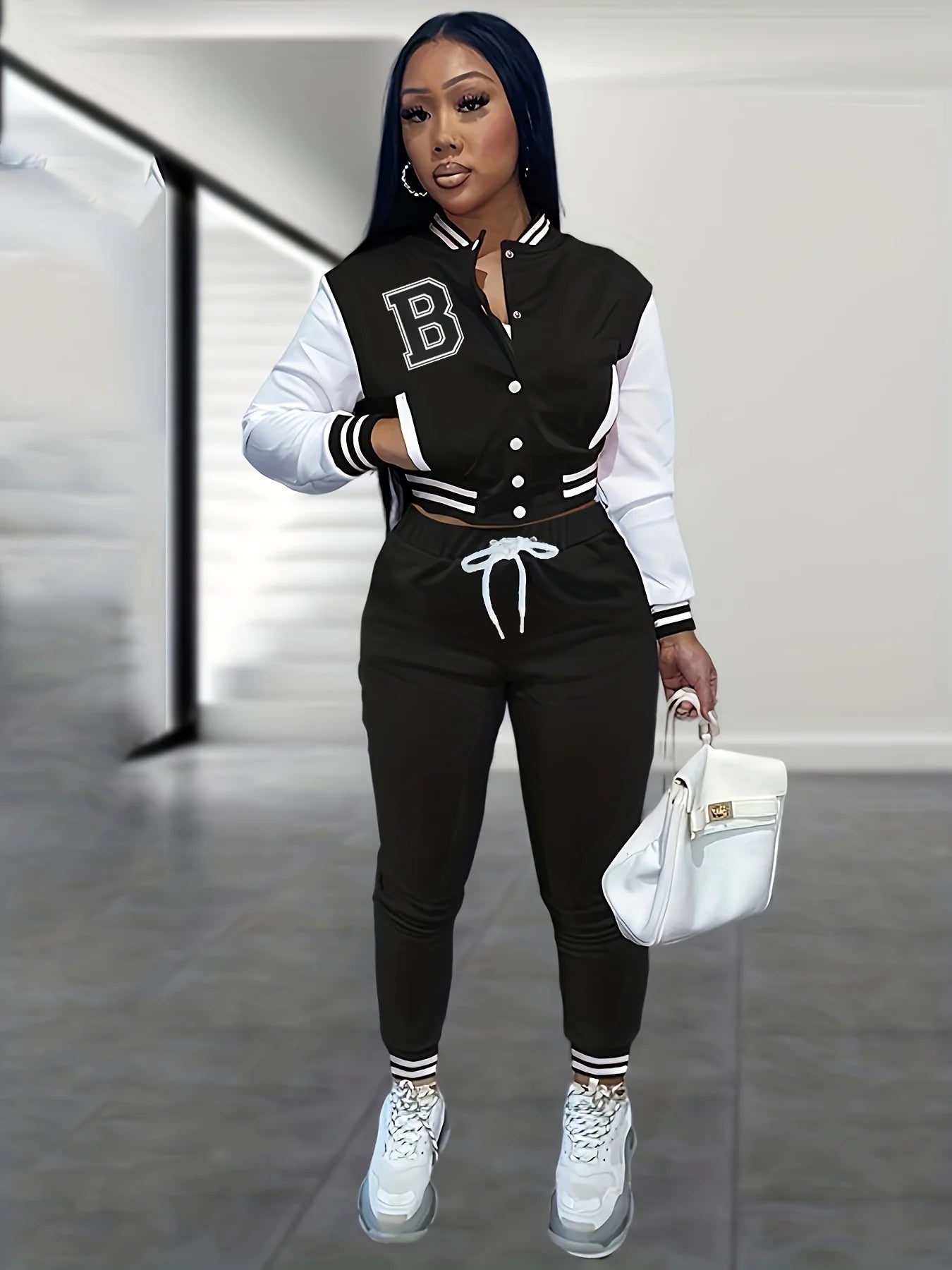 European and N Women's Wear B Monochrome Jacket Single-breasted Monochrome Printed Baseball Suit