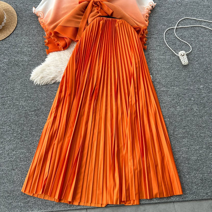 Miyake pli changement progressif couleur bord ondulé costume soleil jupe plissée à la mode et élégant deux pièces ensembles tenues pour femmes