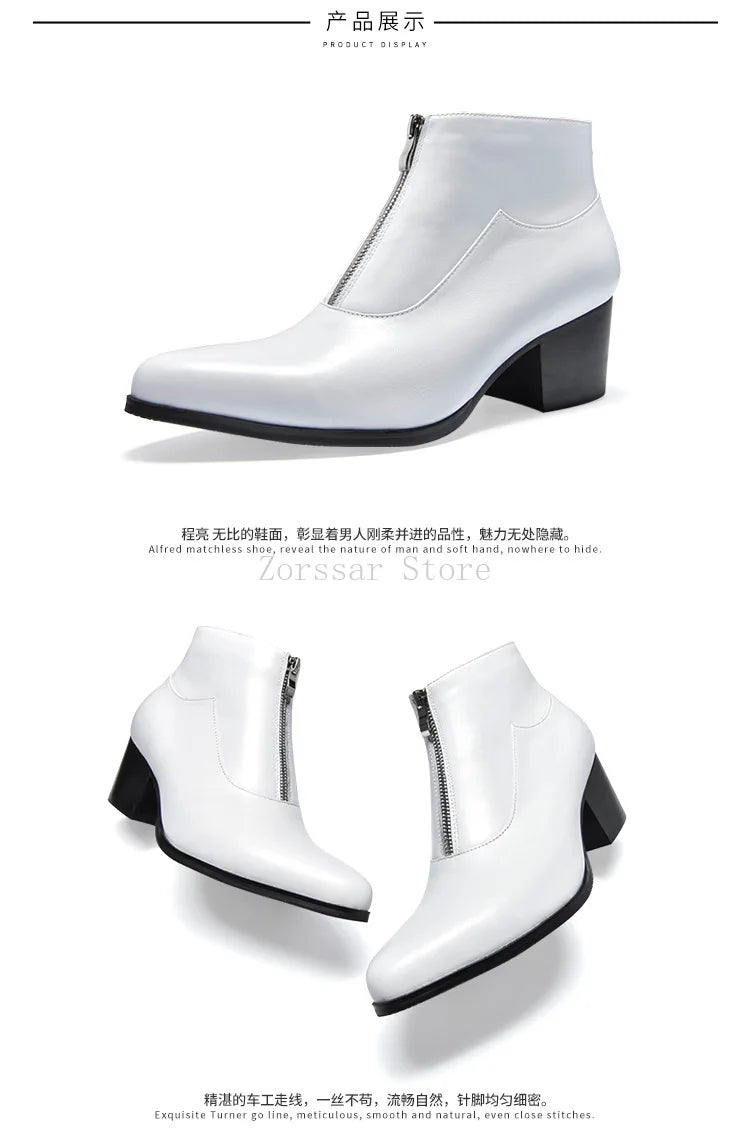 Bottines de luxe en cuir véritable pour hommes, talons hauts de 6 Cm, chaudes, noires et blanches, bottes sociales pour fête de mariage, chaussures habillées, hiver 2024