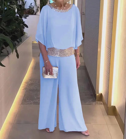 Femmes paillettes Patchwork ample chauve-souris Blouse pantalon ensembles 2 pièces vente rose chemisier ample et jambe large pantalon ample costumes NMD- 250310004